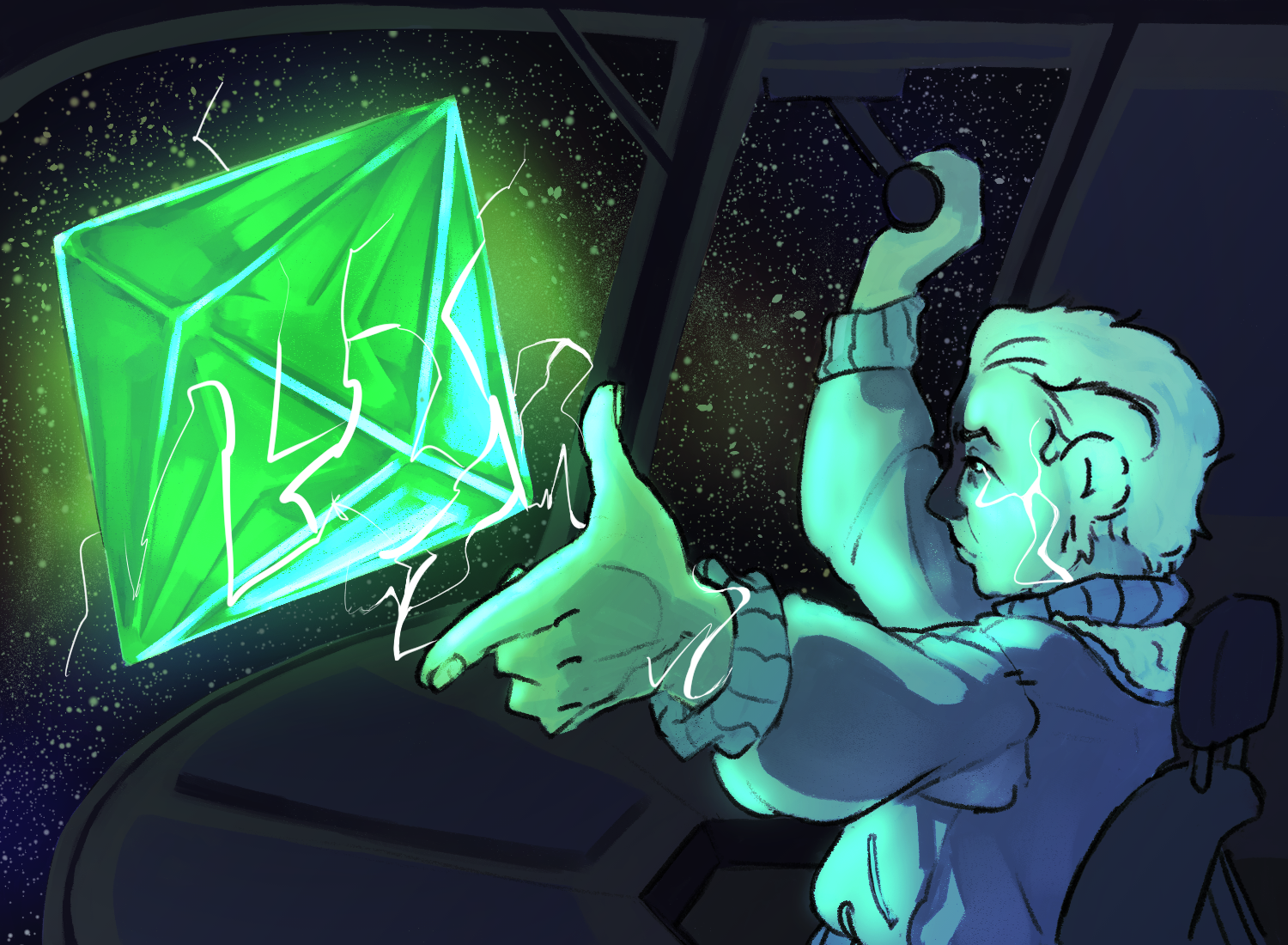 a white haired character sparks a green crystal with magic
