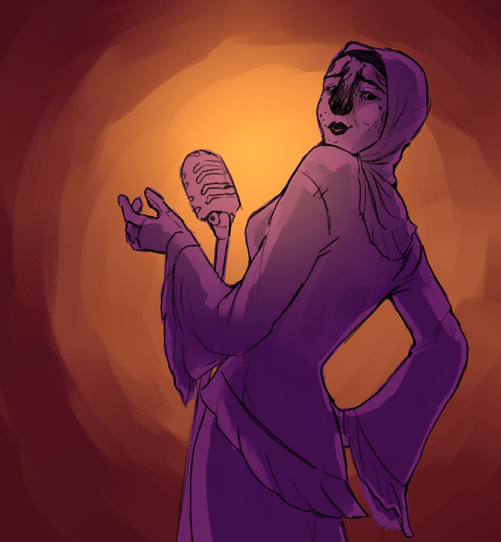 a lounge singing hijabi crossdresser cradles a microphone