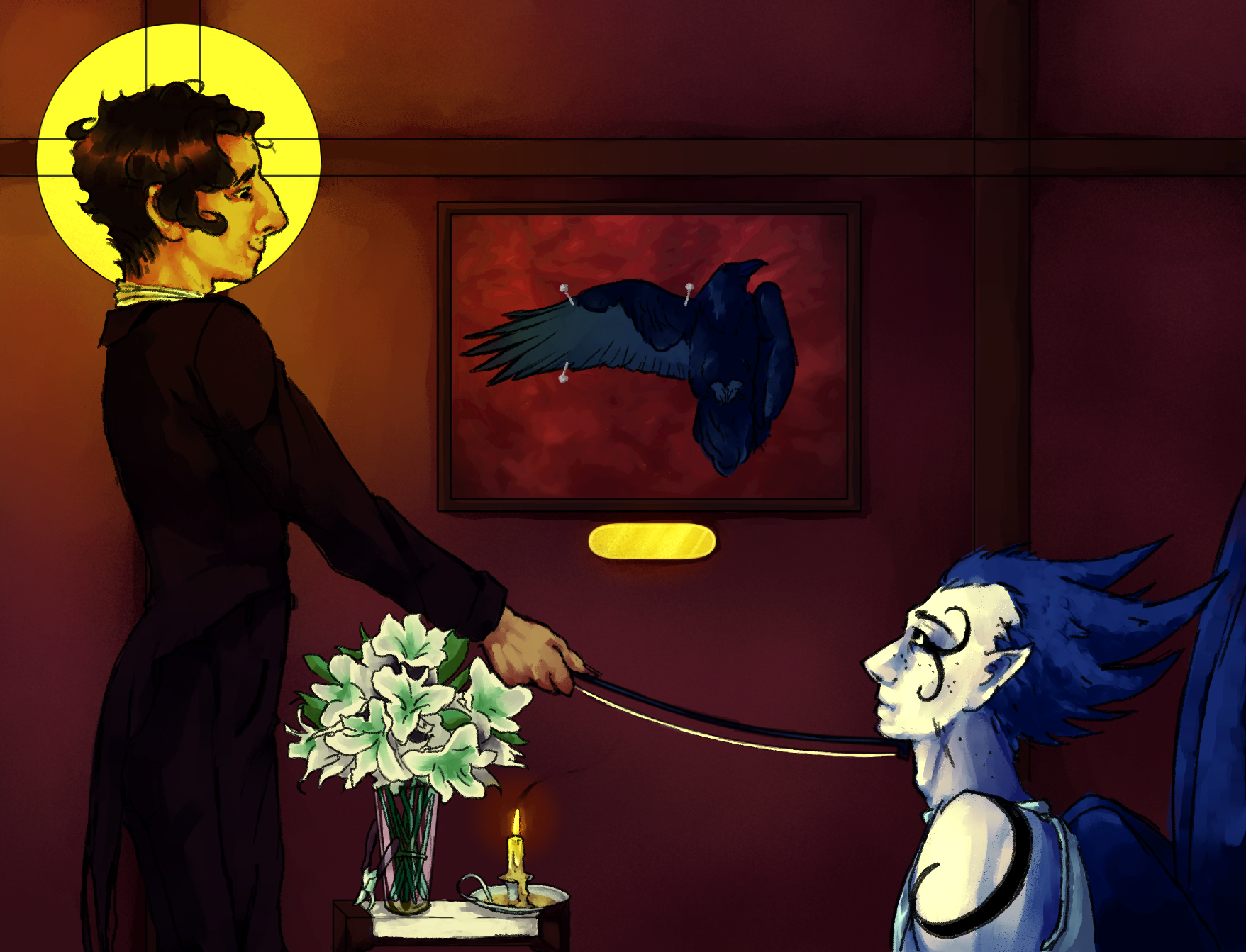 a man holds a violin bow to a kneeling mans throat