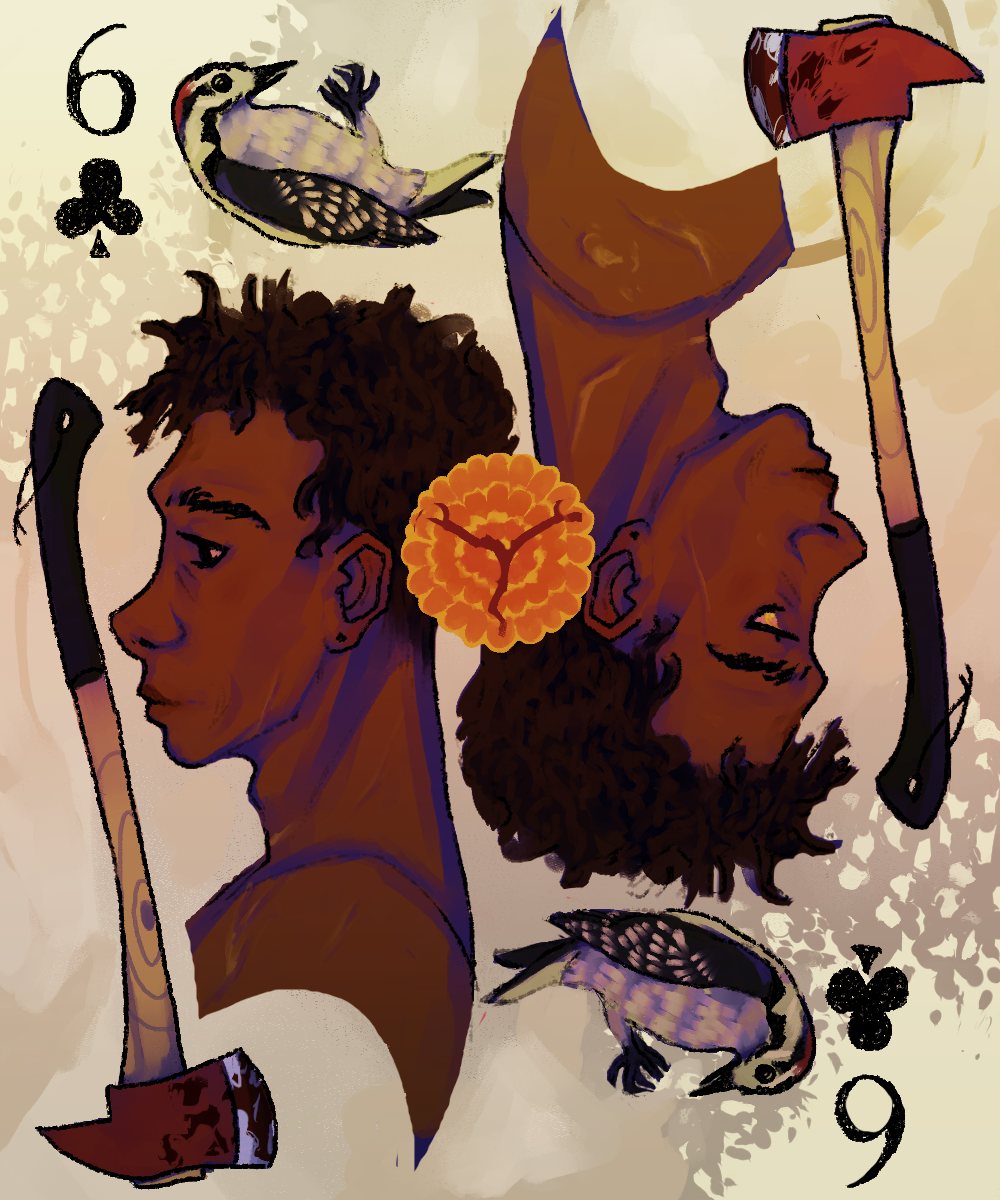 a fake playing card with a drawing of a man's profile, surounded by axes peonies and red robins
