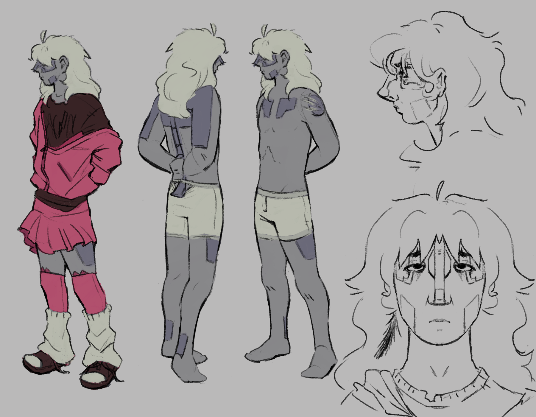 a reference sheet of a grey skinned girl