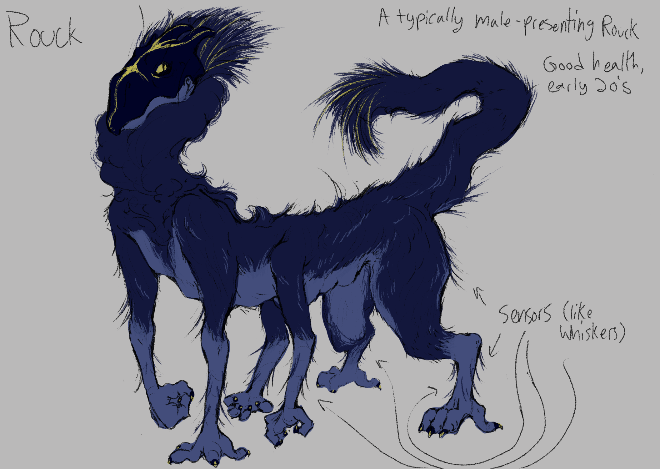an alien design with blue fur and six limbs