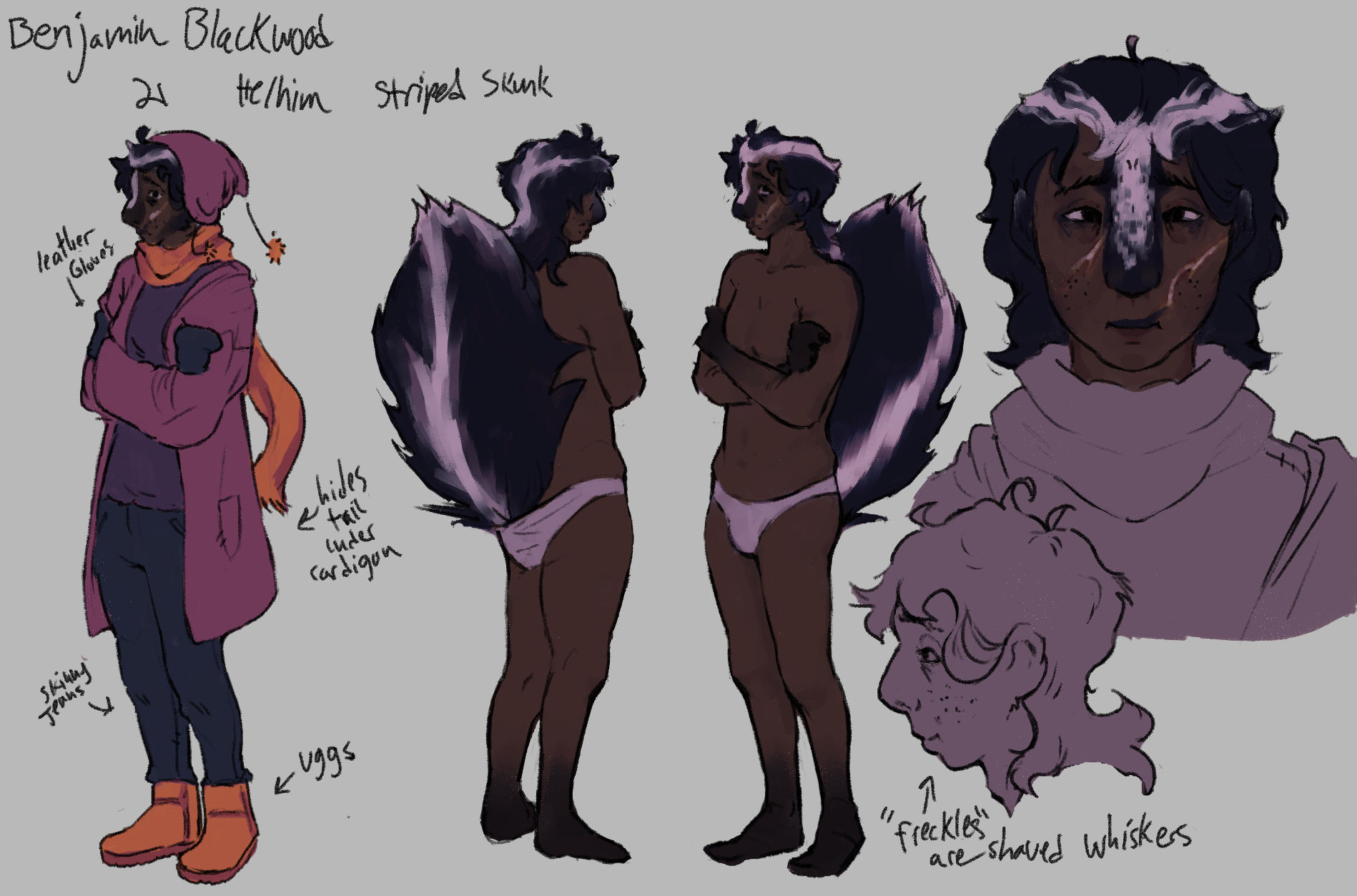 a feminine man with skunk features