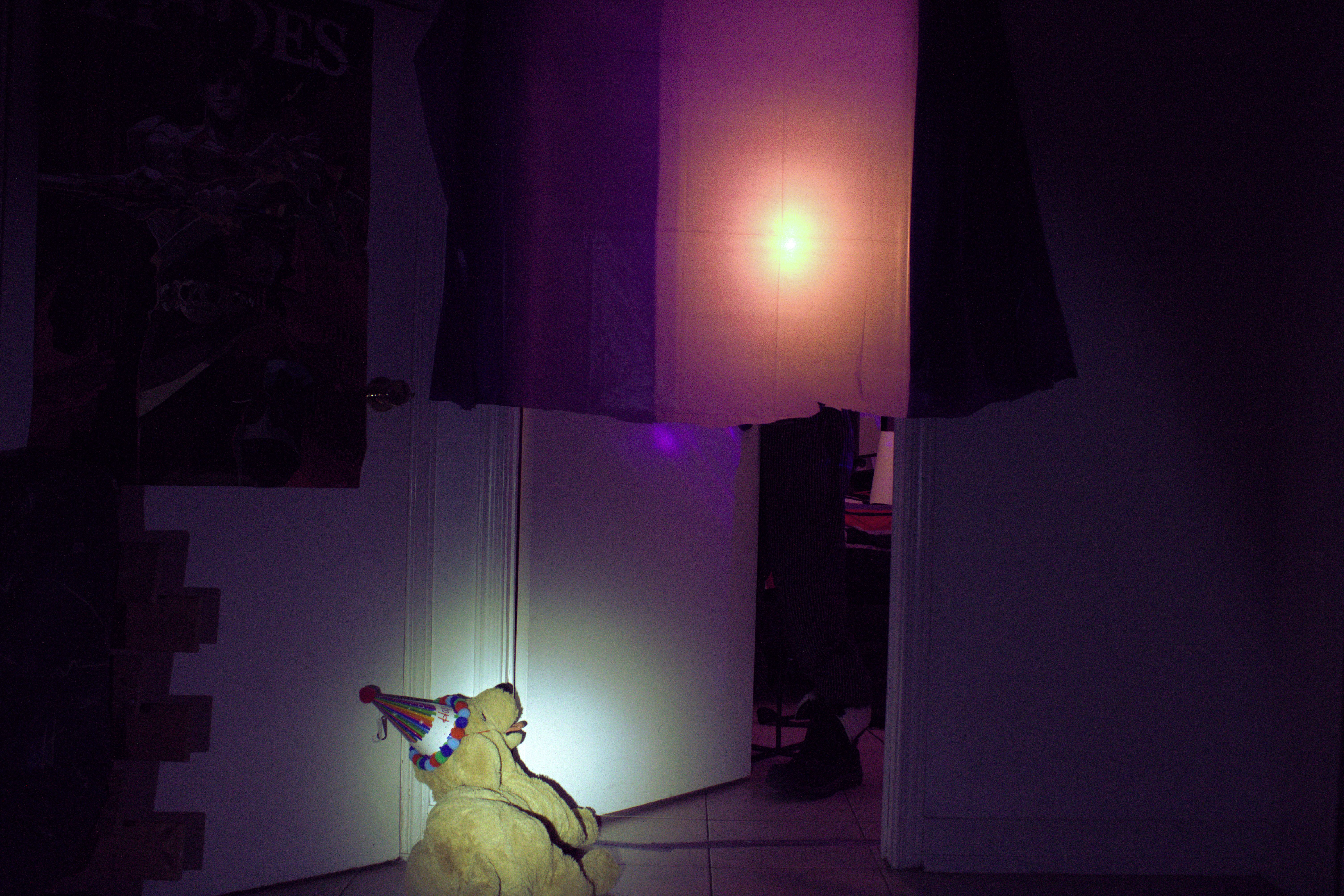 A stuffed dog wearing a birthday hat waits outside an open door, guarded by a floating light